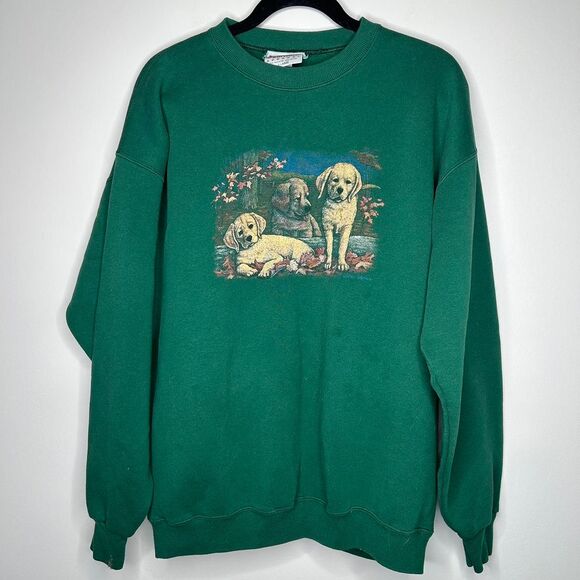 Vintage 90s y2k 2000s Green crewneck sweatshirt yellow Lab Labrador dogs puppy - Picture 8 of 8